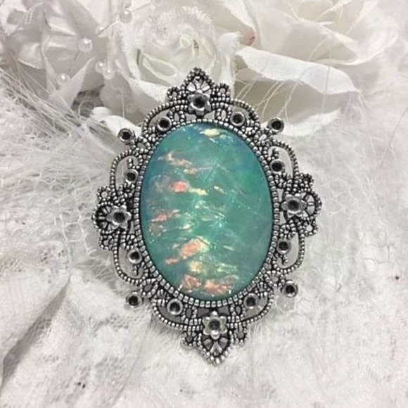 Rainbow Blue Moonstone FIre Opal Necklace Cameo - Picture 2 of 3